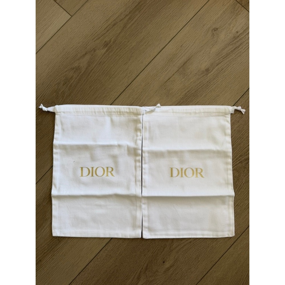 Dior Set of 2 White Cotton Canvas Dust Bags Gold Logo Drawstring Storage Pouches